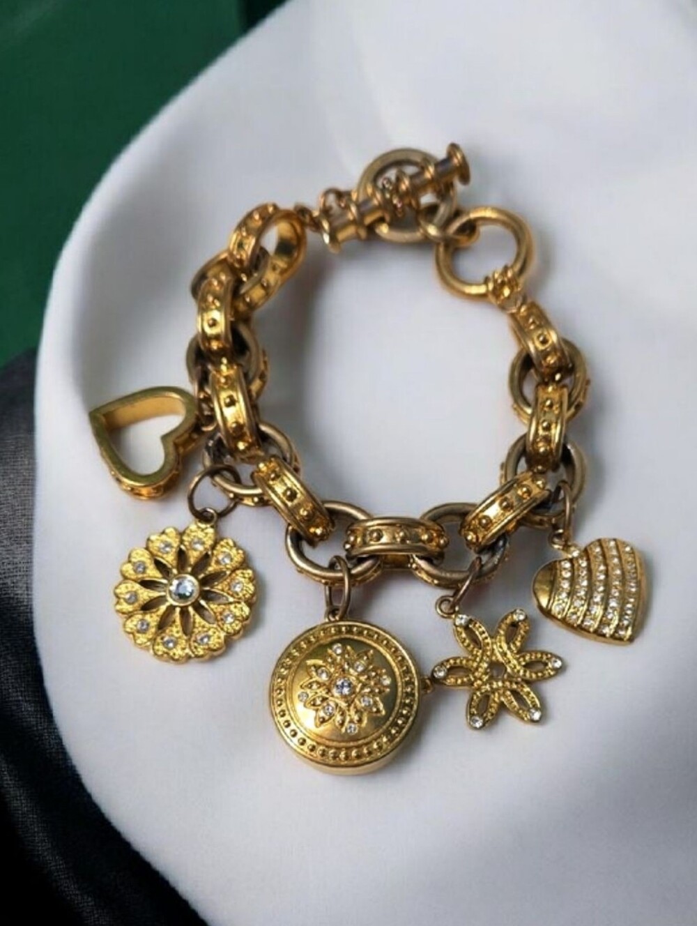 Anne Klein Vintage Gold Tone Charm Bracelet with Heart Watch  & Floral Charms